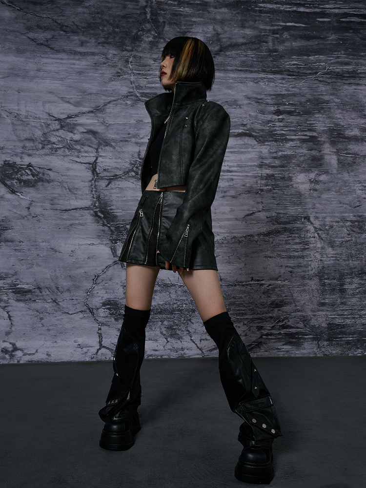 with Rock PU Leg Pockets Studded Warmers Black Punk