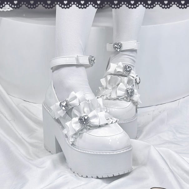mit Landmine Matte 10cm Absatz Plateau Strasssteine Chunky Glitter Weiß Bowknot Schuhe Stil Herz