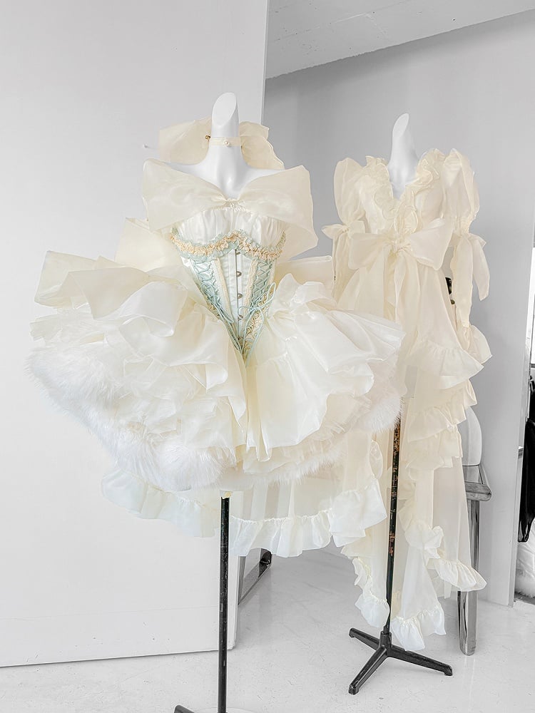 Robe d'anniversaire princesse jaune clair à taille basque et gros nœud