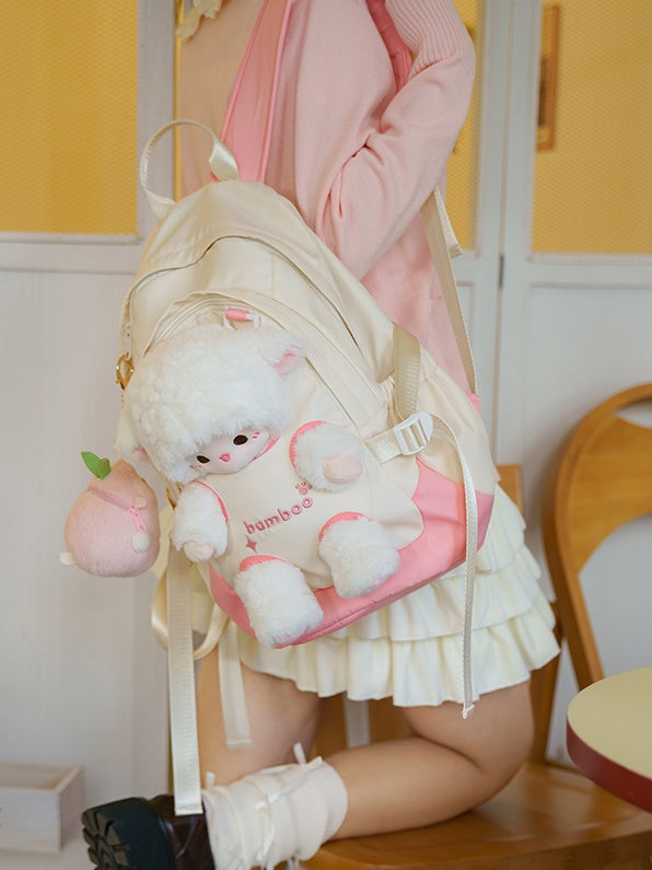 White And Pink Plush Backpack With Detachable Lamb Plushie