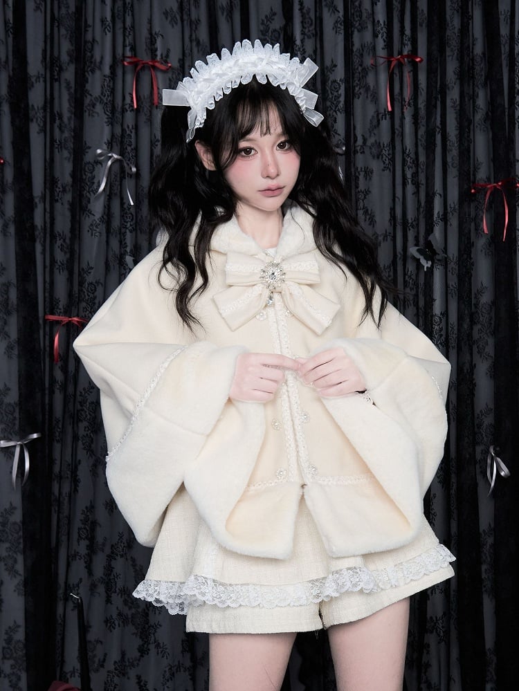 Detachable Jirai Kei Plush Trim Milk Hooded Cape with Big Bow White