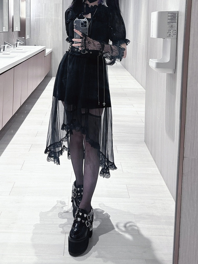 Jirai Kei Black Lace Cape Short Sleeve Blouse/ Sleeves Only