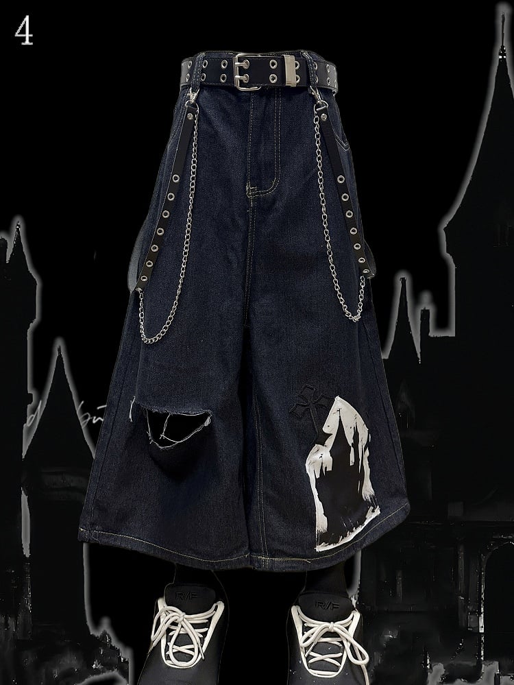 Shorts mit Kreuzapplikation, dunkelblau, Distressed-Löcher, weites Bein, Cargo, Y2K
