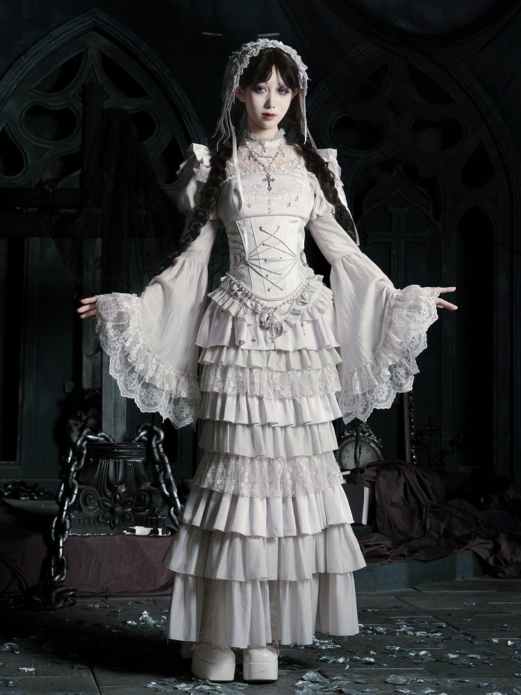 Veil Necklace Set - Silver Mermaid + Full Lolita Skirt Chain Tiered Top Waist Gothic Corset Head