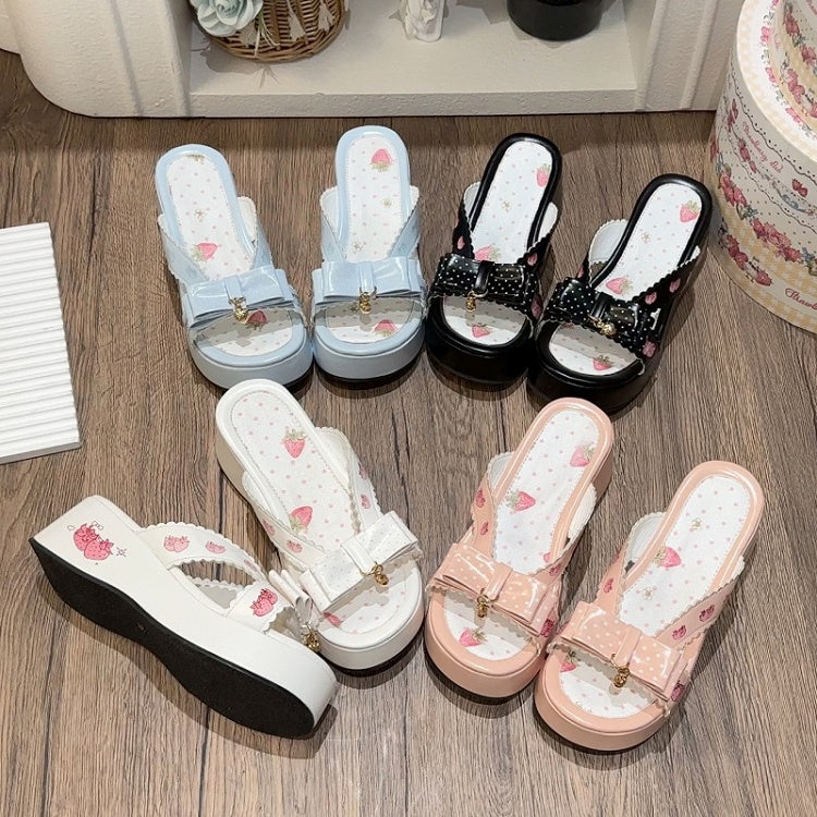 Top at Bow Lolita Slippers Platform Blue Wa Strawberry Print