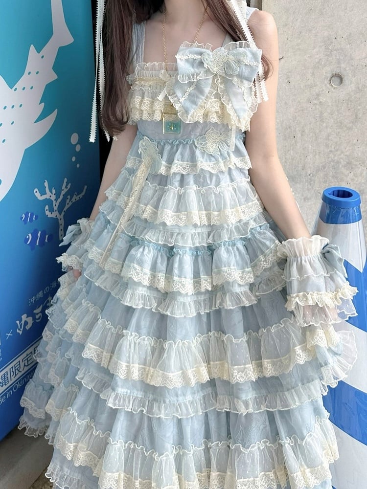 Goldfish Blue Adjustable Ruffle Sweet Embroidery Dress Lolita Straps and with Multi-Layered
