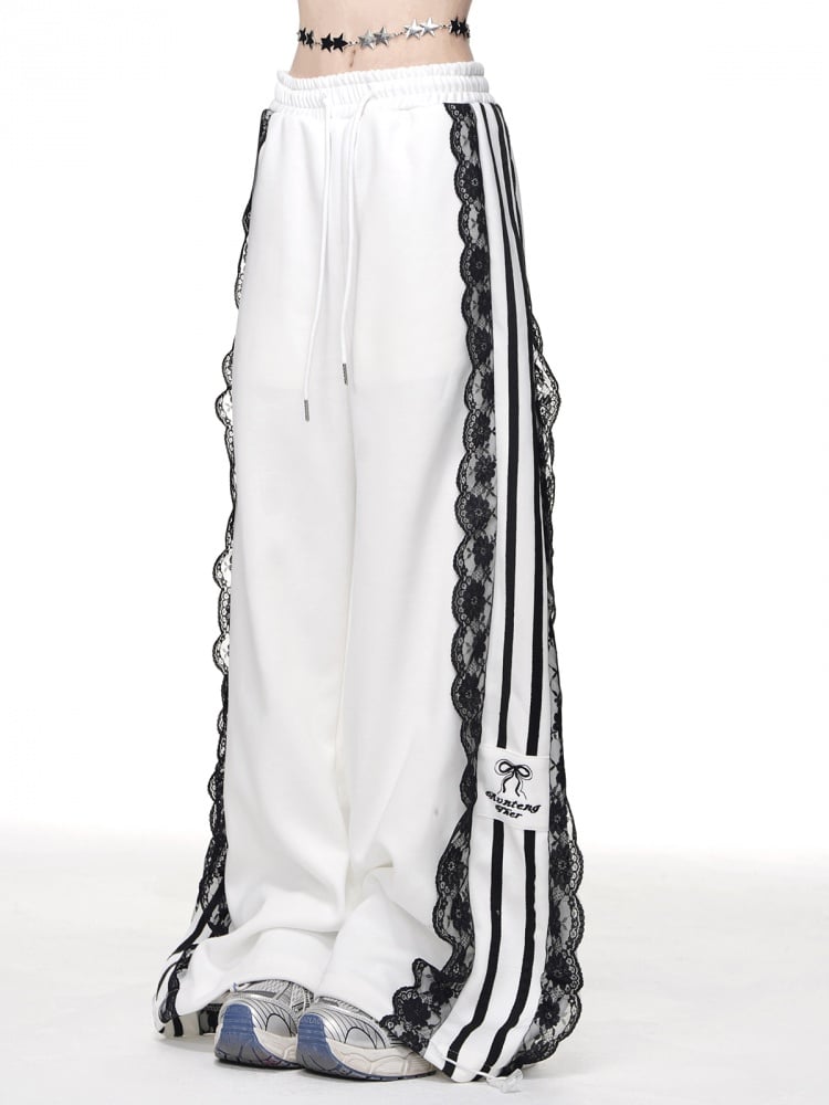 レーストリム ワイドレッグカット ブロックコアパンツ