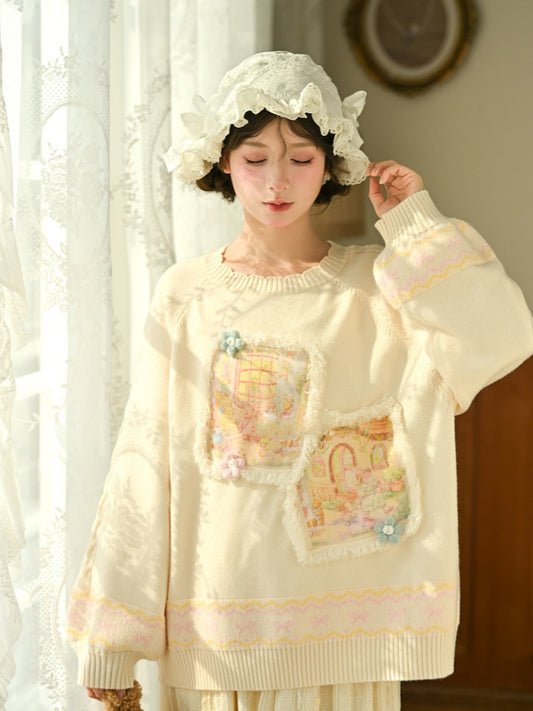 Yellow Oil Painting Teddy Bear Applique  Sweater