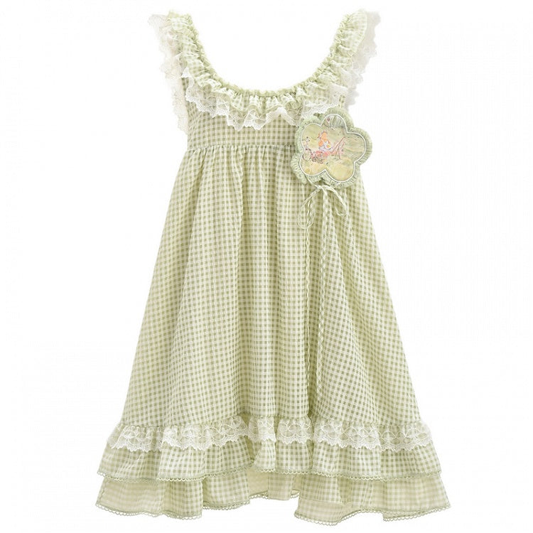 Green and White Plaid Ruffle Hem Overalls Mori Kei Dress