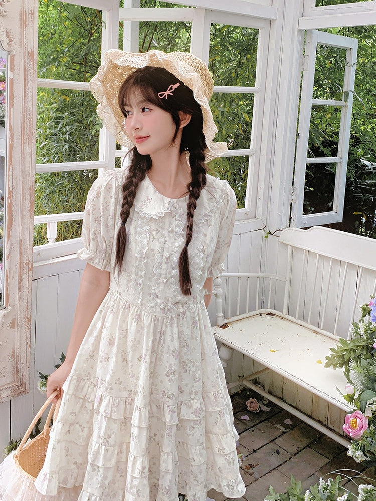 Bow Floral Dress White Peter Pan Collar Self-tie Waist Sweet