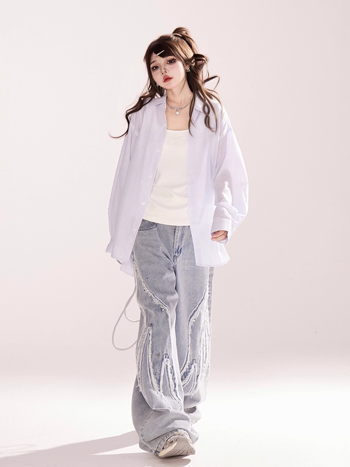 Vintage Wide-leg Jeans Light Blue Rise Wings Embroidery Applique Low