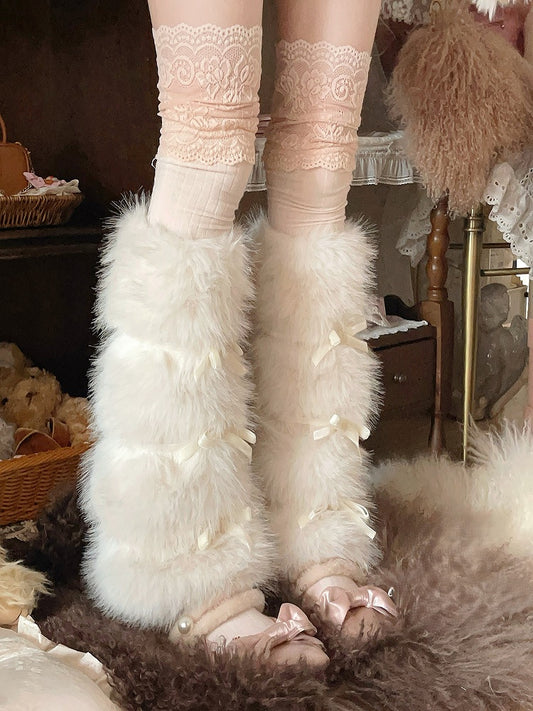 With Details Bow Elegant Fur White Faux Leg Warmers