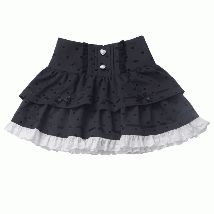 Polka-dot Tiered Skirt Lace White Trim Black
