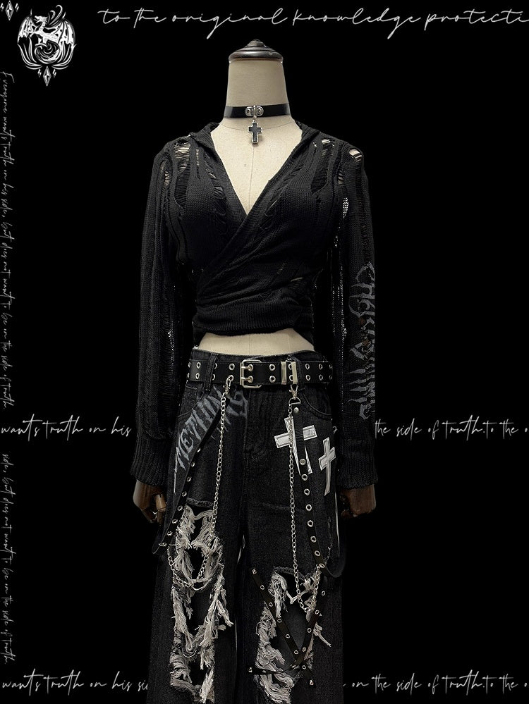 Strap Punk Black Distressed Holes with Hooded Cardigan Glamorous Self-tie