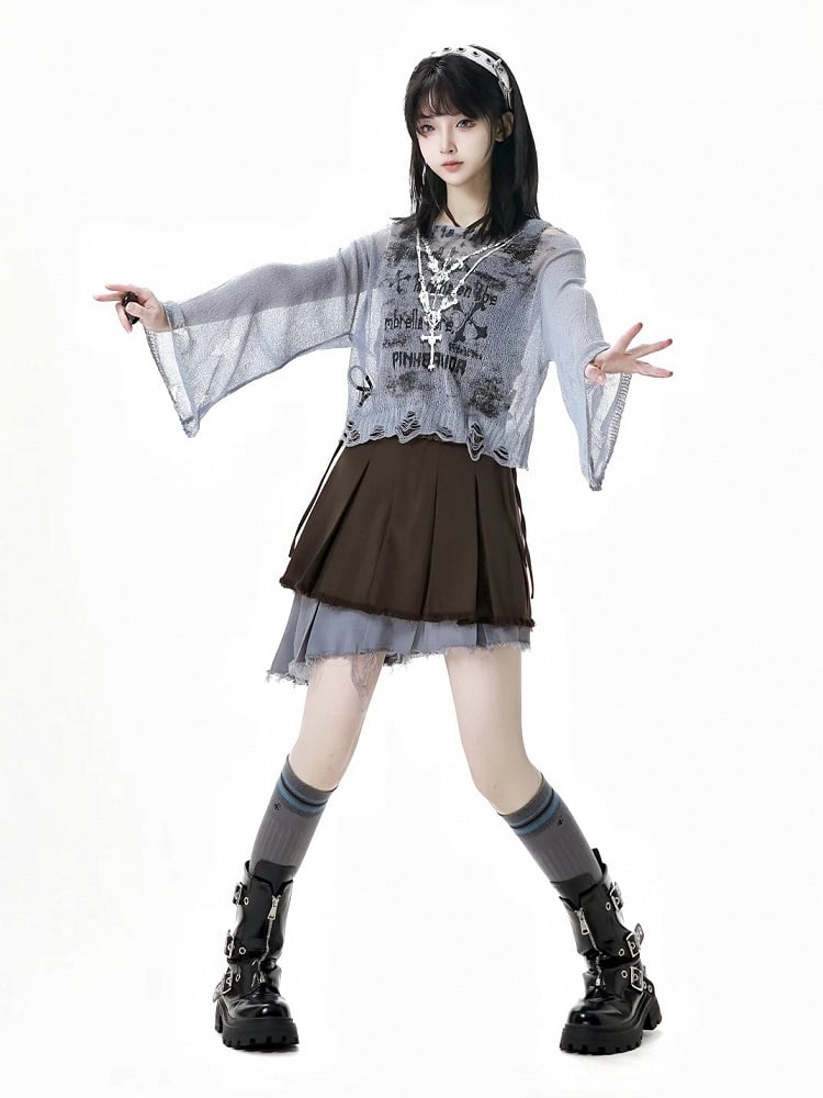 Hollow-out Sun Grey Cross Print Holes Coverup Distressed Protection