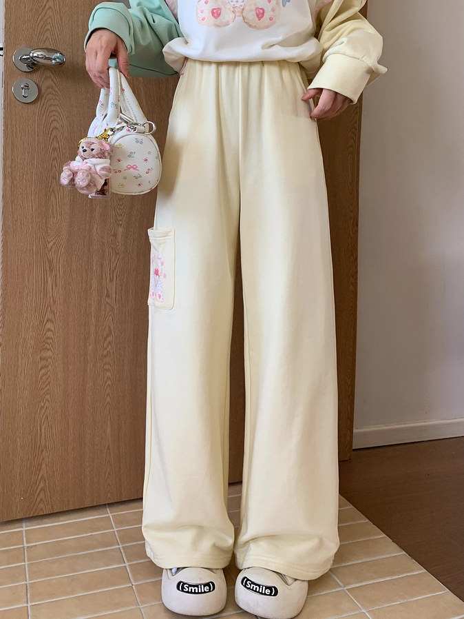 Weite Freizeithose mit normalem/kurzem Bein, bedruckt, cremefarben, elastischer Bund, Teddybär