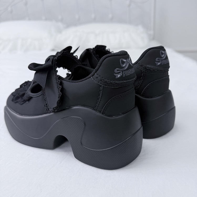 Black Bowknot Lace Strap Jirai Kei Velcro Trim Closures Platforms