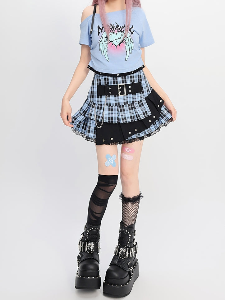 Y2K Light Blue Buckle Strap Tiered Plaid Skirt