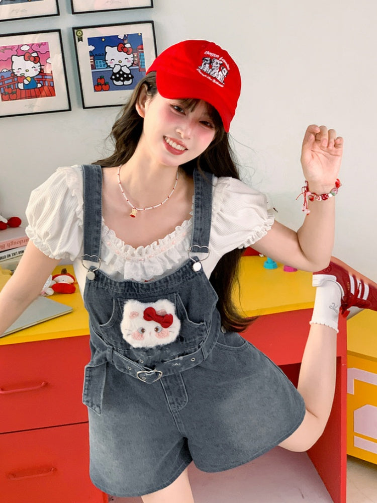 Heart Shorts Plush Kitty Denim Dark Blue Faded Buckle Wash Belt Overall with