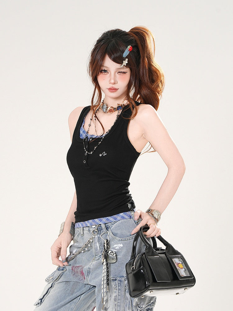 Tank Top Black and Blue Plaid Faux Two-pieces Slim-fitting