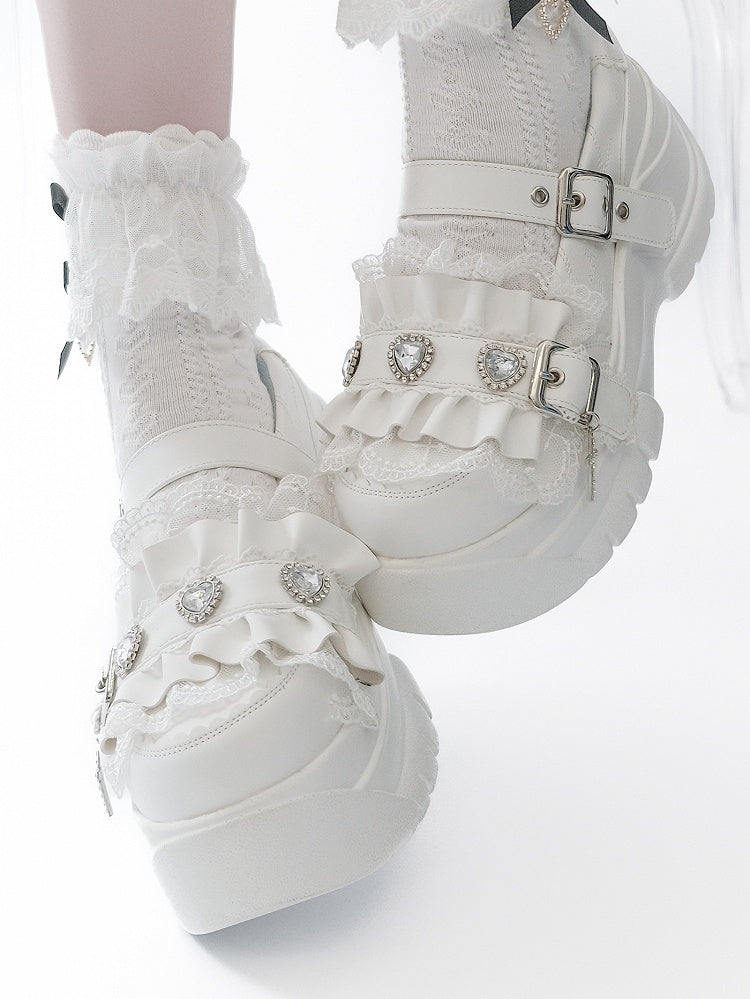 Platforms Heart Cross Rhinestone White Ruffles Charm Details Trim Bittersweet