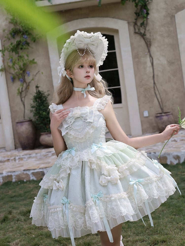 Skirt Accents Light Dress Lolita Jacquard Green Sweet Jumper Fabric Bow