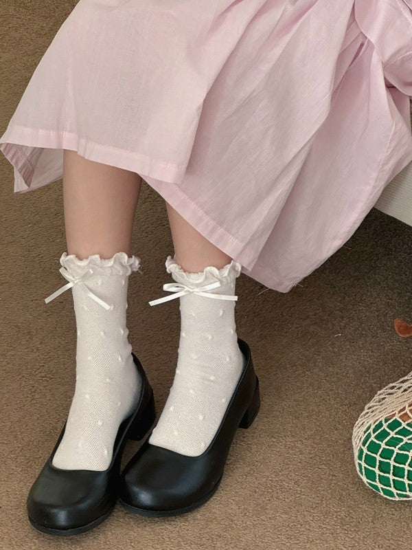 Pattern Polka-dot Bowknot Details Calf Cuffs Socks Ruffled White/Black/Pink/Blue/Yellow