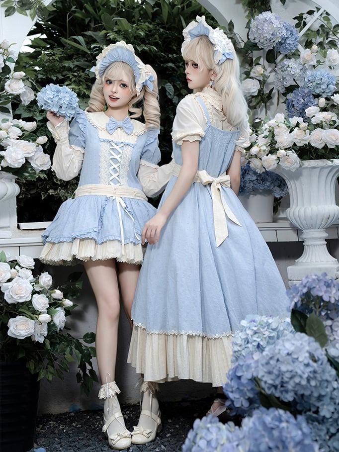 Lolita-Volantkleid und beige-blaue Baumwollrüschen am Saum, Längenbesatz, Stück eins