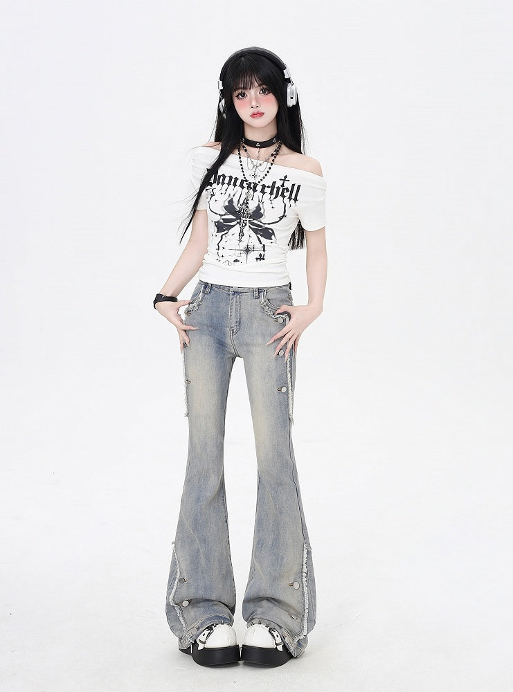 Raw Hem Vintage Flared Jeans Glamorous Blue