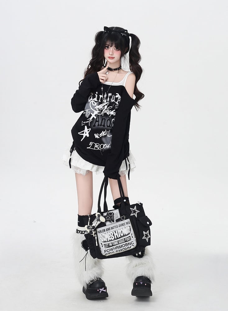 Star Y2K Print Open Shoulder Black/White Top Faux Two-pieces