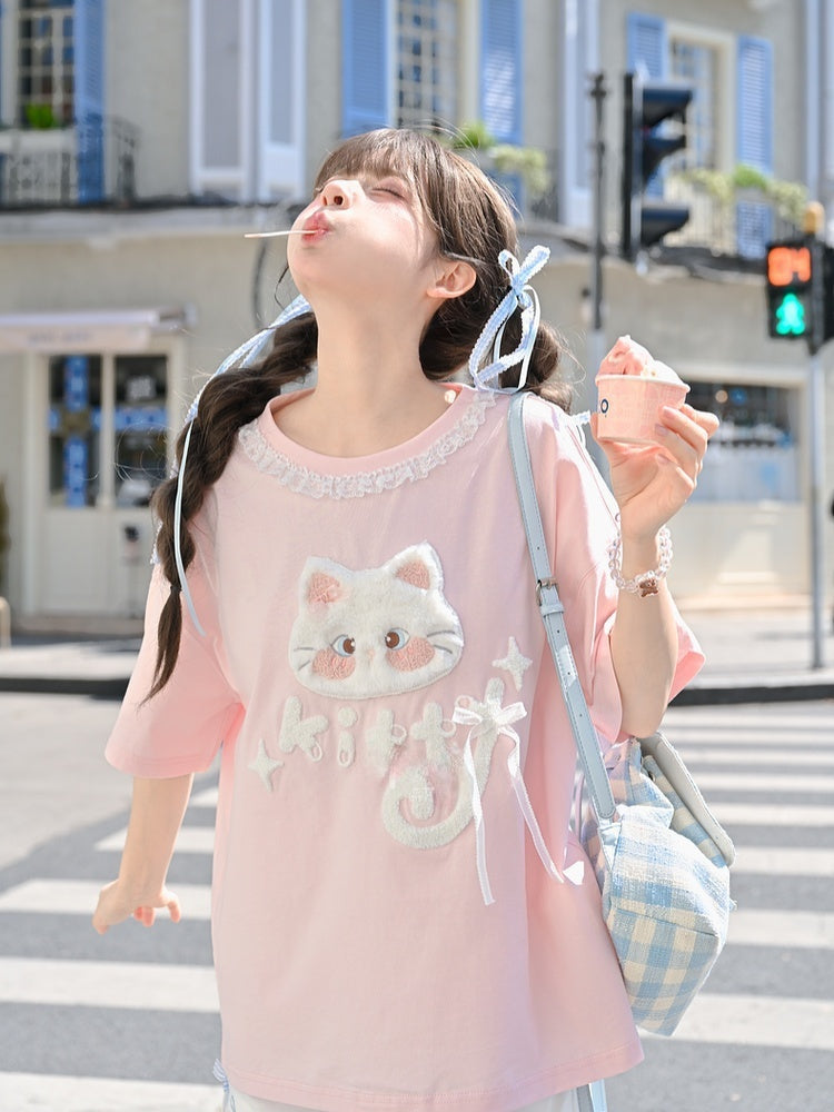 Version T-Shirt Cat Applique Long/Short Pink Plush