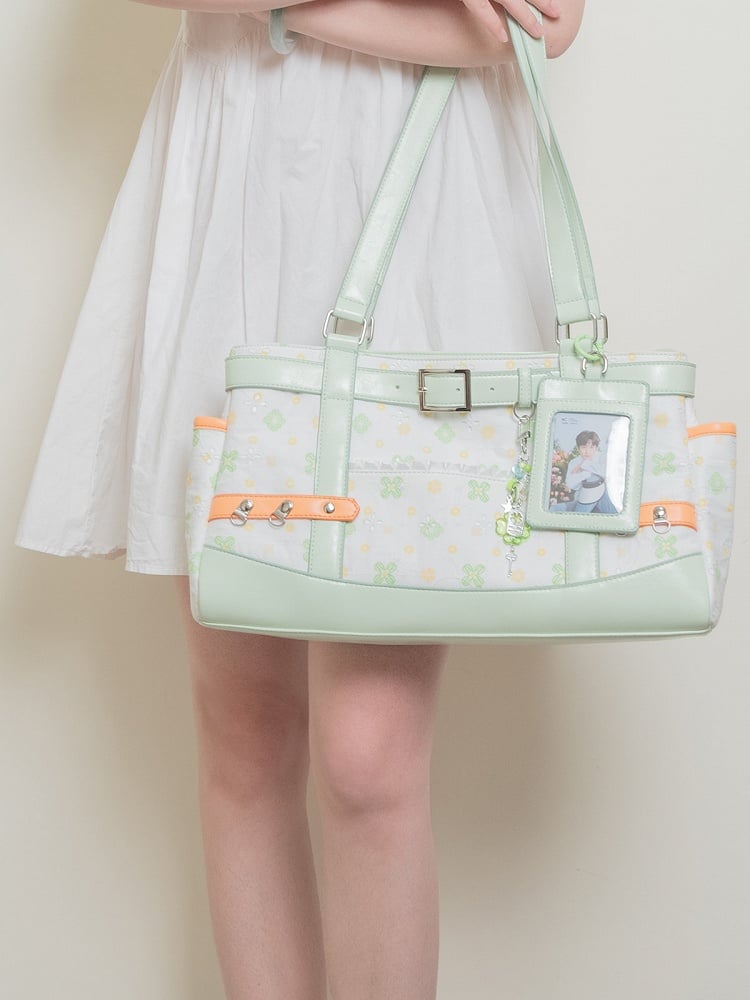 White Green Clover-Themed Large Capacity Tote Ita Bag with Strap Accents And Detachable Ita Card Holder