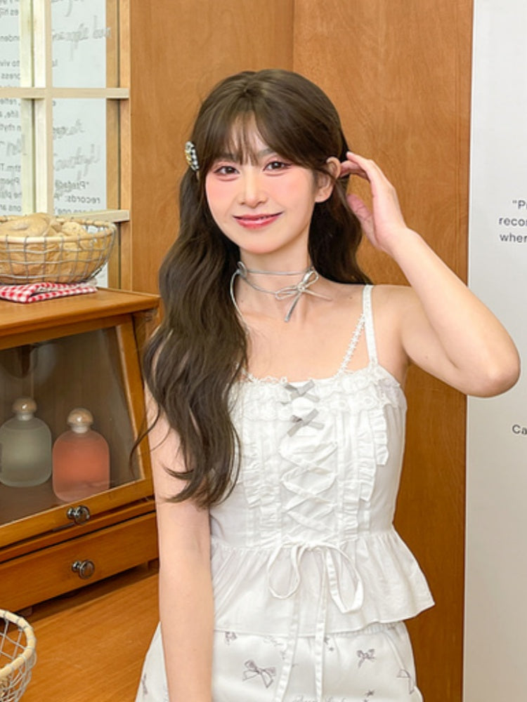 at White Ruffled Lace Trim Cami Top Details Lace-up Front with Bowknot Detail