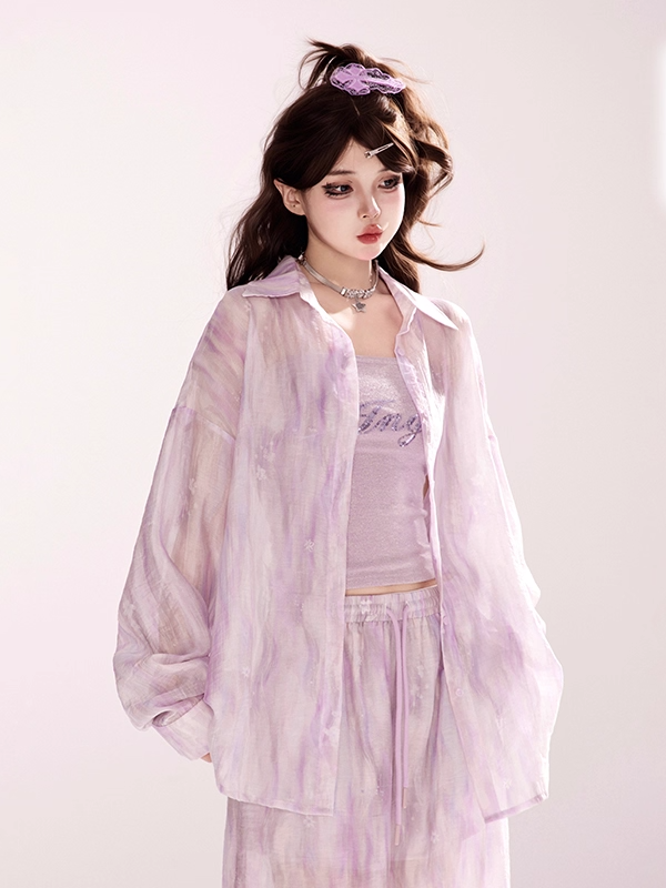Light Waist Wide-leg Casual Loose Shirt / Pants Purple Drawstring