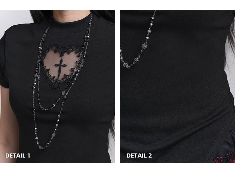 Print T-shirt Black Mock Neck Heart-shaped Cutout Cross