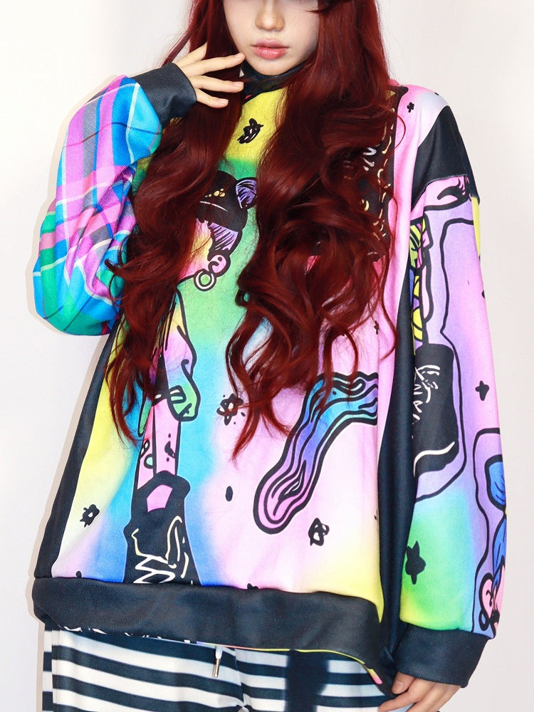 And Sweatshirt Gyaru Sneaker Fashion Colorful Cartoon Print Oversized