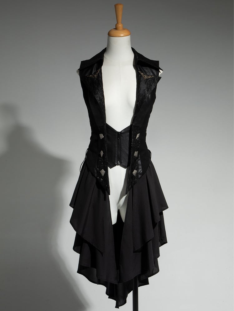 Cascading Waistcoat Lolita Ouji Fashion Ruffle Train with Gothic Black Detachable
