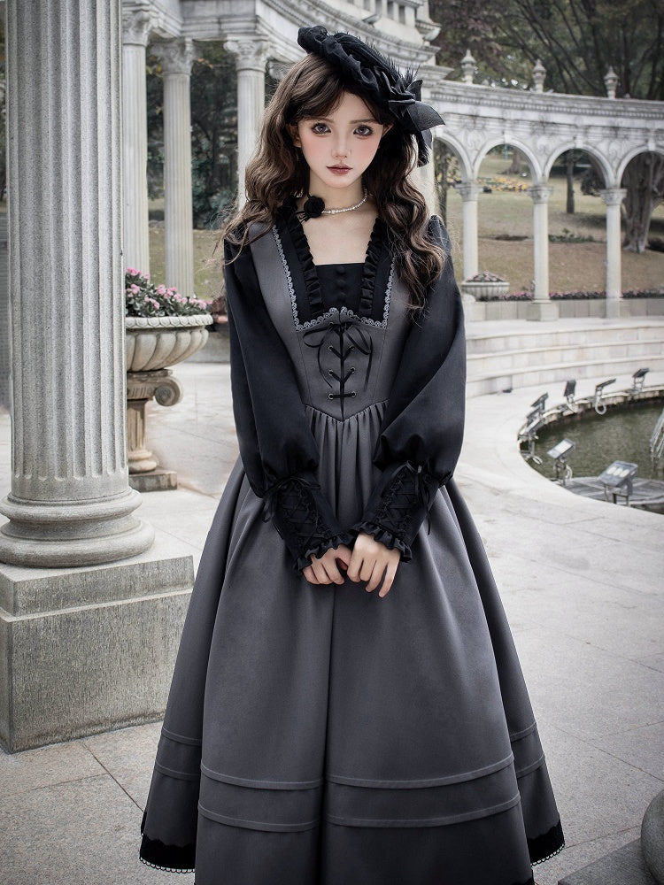 Black and Gray Elegant Square Neckline Spring Long Bishop Sleeves Lolita Dress