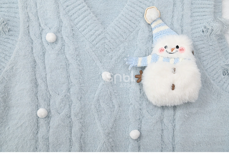 Süße, mit Schneemann verzierte blaue Weste aus Mohair mit V-Ausschnitt