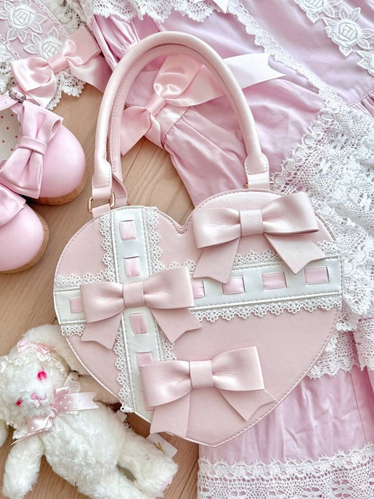 Bag Abstract PU Bow Leather with Heart - Hand Sweet Linear Accents Cross Pink Lolita Design