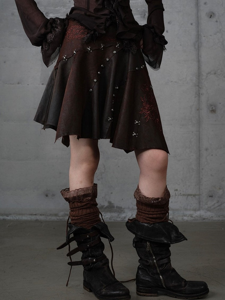 Asymmetrical Skirt Punk Reddish with Embroidery Wasteland Hem Brown Floral Suede