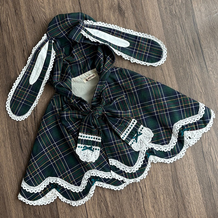 Green Plaid Bunny Ears and Cape Petal-like Trim Hooded with