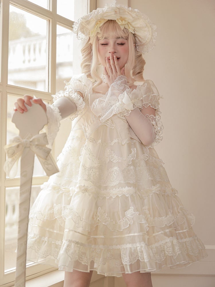 White Embroidered Bow Creamy Lolita Dress Sleeves Big Short Puff Neckline