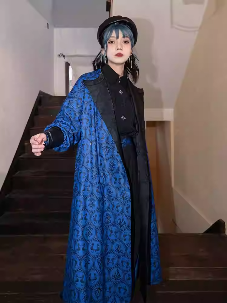 Cheongsam Style Long Coat Print and Blue Coral Black Jacquard Seahorses Reversible