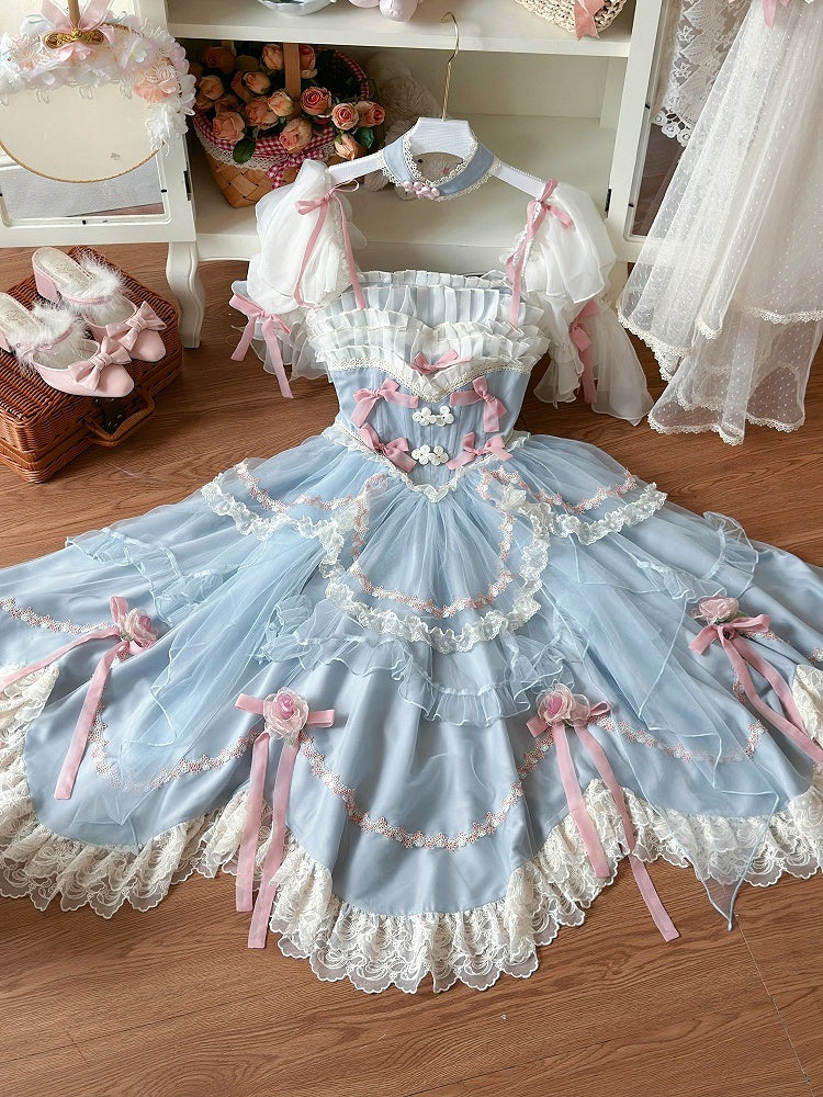 Ensemble complet Hanayome Lolita OP / taille basque bleue avec nœuds floraux