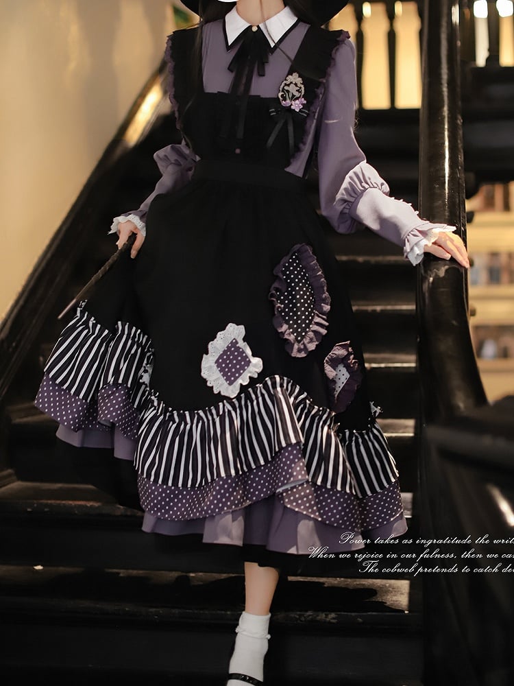 Dress Bittersweet Lolita Apron in Black Stripes and Purple Polka Dot