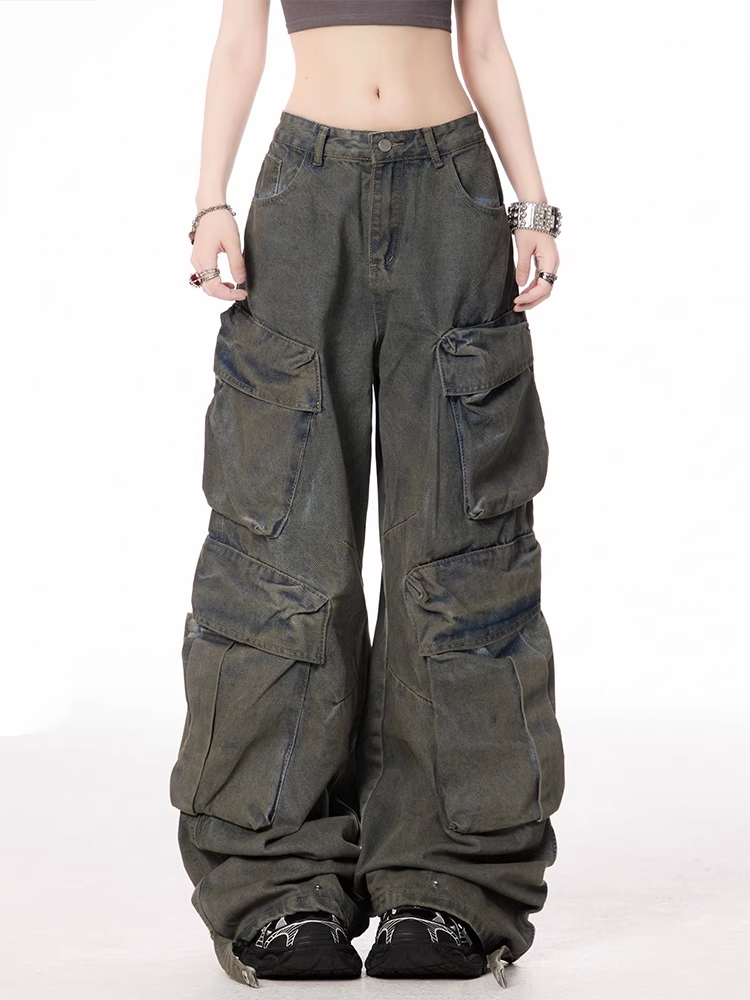 Dark Blue Low Distressed Pockets Vintage Wide-leg Jeans Waist Cargo