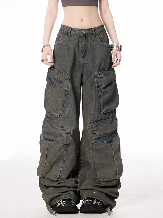 Dunkelblaue, tiefe Distressed-Taschen Vintage-Jeans mit weitem Bein und Cargo-Taille
