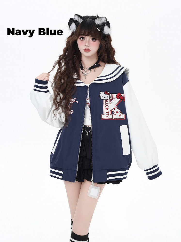 Marineblau/graue Baseballjacke mit Matrosenkragen und Kätzchenstickerei
