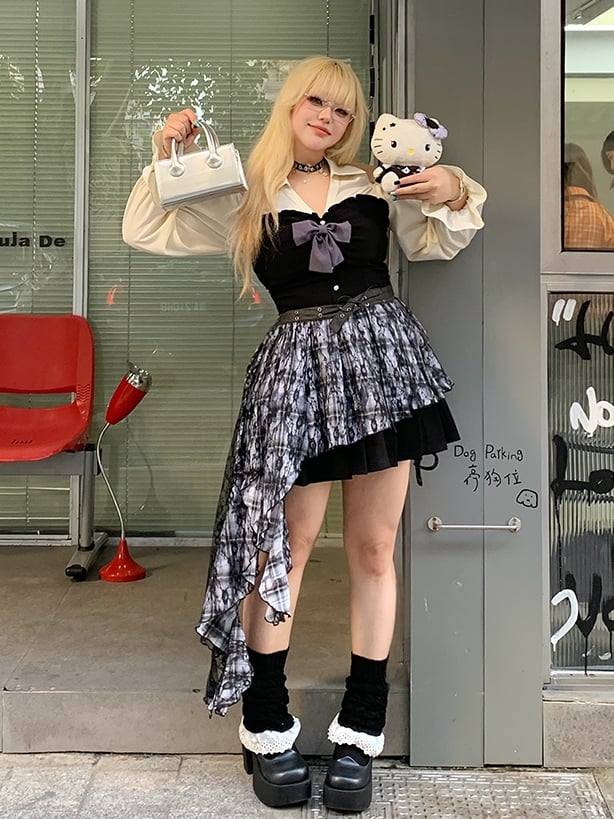 Plaid Waist Accessory with Cascading Ruffles Size Black Plus Brown /